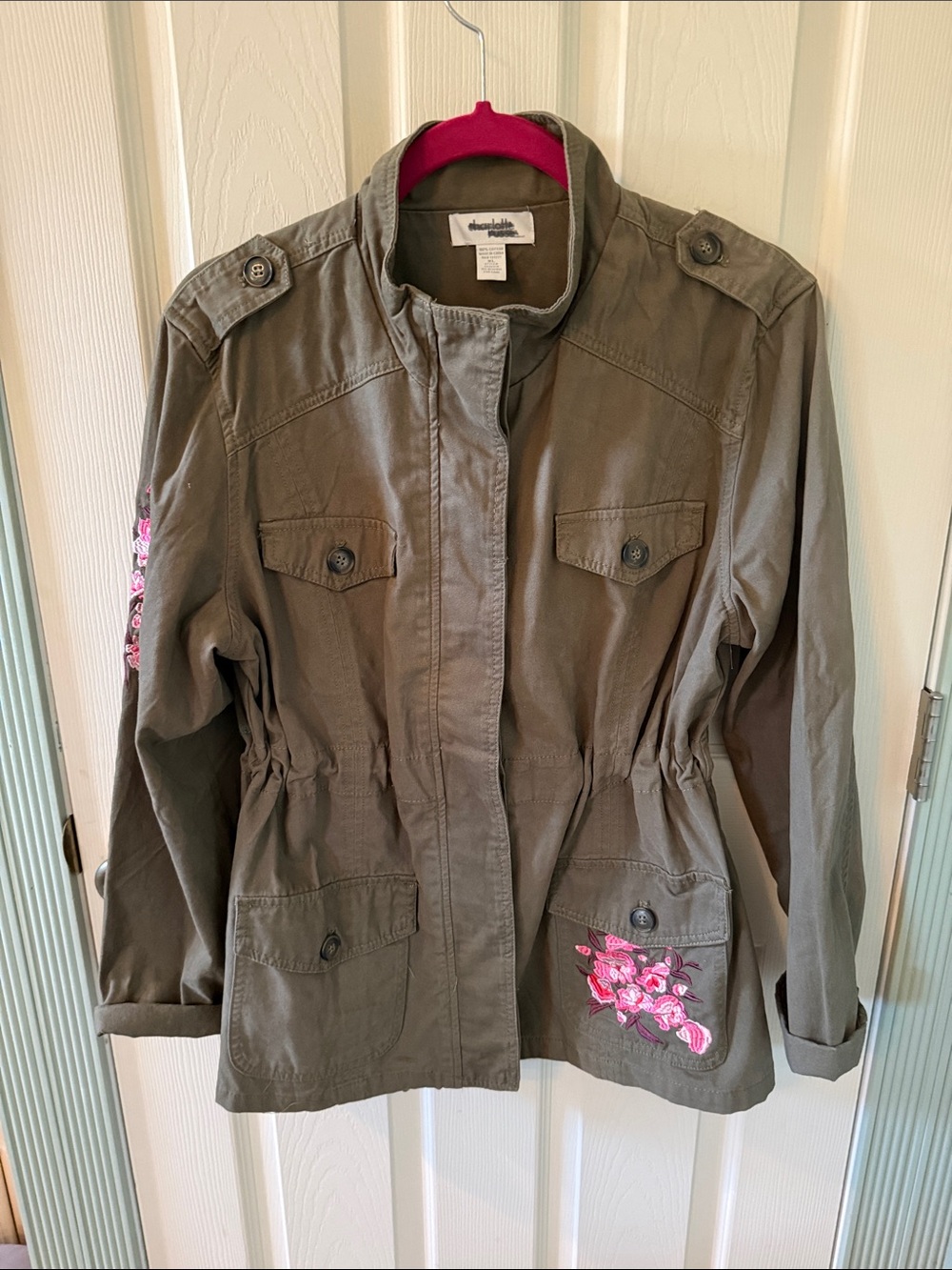 Charlotte Russe Olive Green Utility Jacket with Pink Floral Embroidery